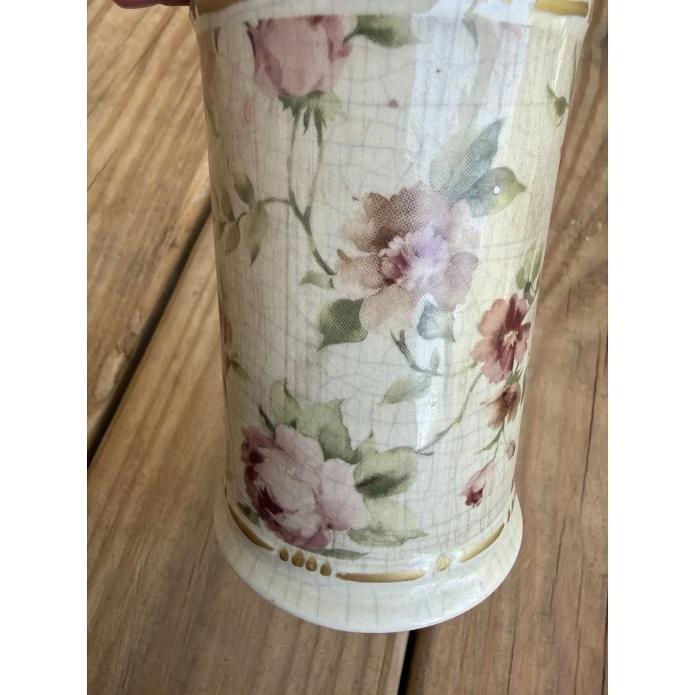 Vintage Croscill Toothbrush Holder Crackle Floral Pattern Gold Trim